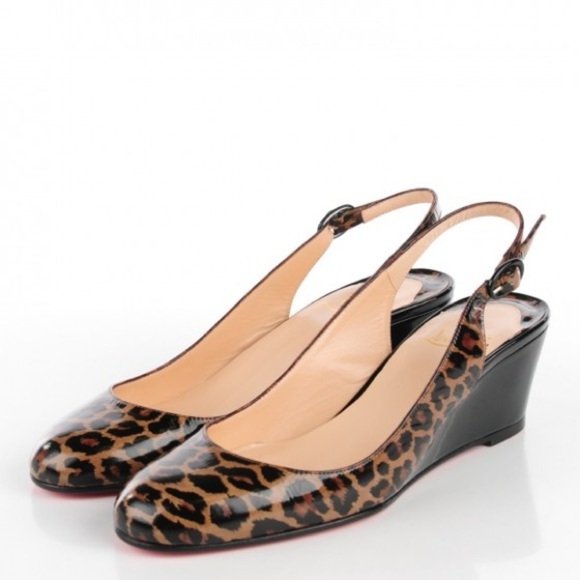 Authenticated Christian Louboutin Patent Cynthia Leopard Sling Back Wedge Heels - Picture 1 of 15
